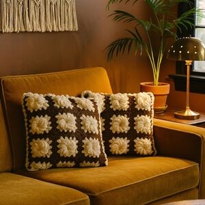 2x Vintage 70's Floral Granny Square Pillows 17" Square 3D Handmade Knit Afghan